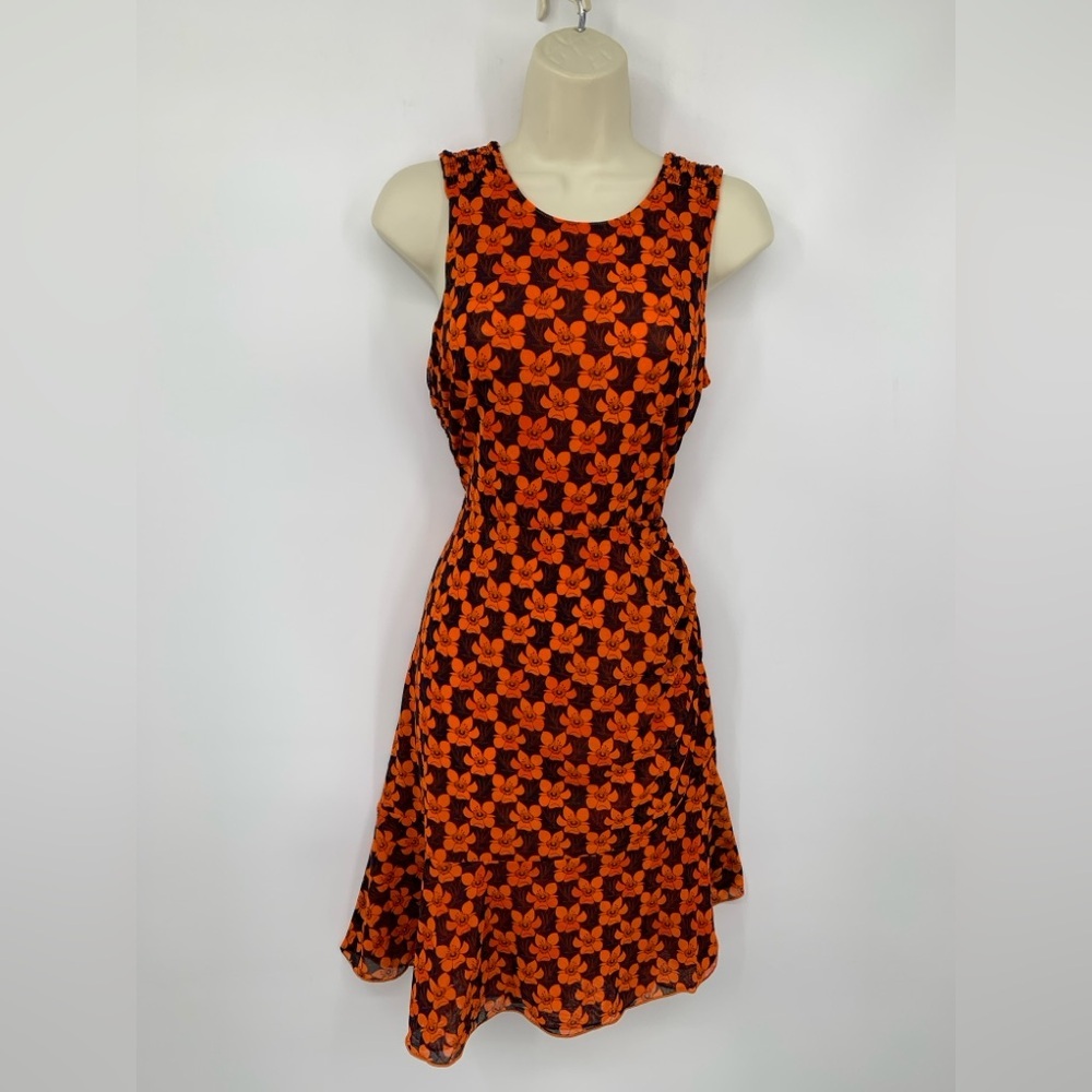 CAbi Flip reversible mesh shift dress orange floral dot ruching stretch new XL - Picture 2 of 7